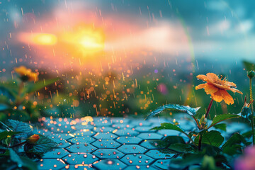 Image of a summer rain shower over a geometric landscape, with hexagonal raindrops and a rectangular rainbow arching across the sky,