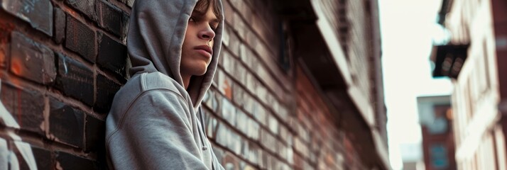A young man wearing a blank hoodie leans against a brick wall