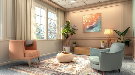 Modern and Soothing Therapist's Office Interior with Comfortable Seating and Calming Decor