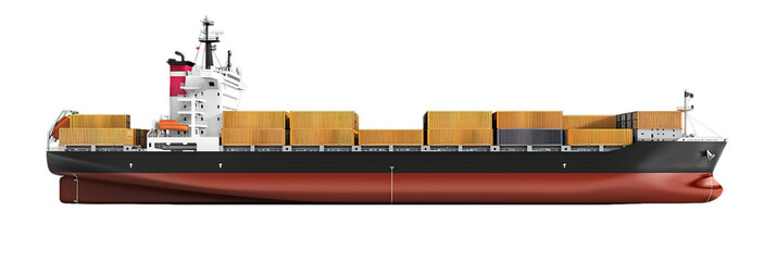 Cargo ship with containers side view on transparent
