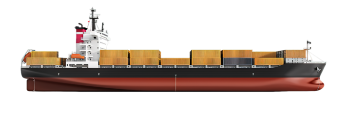 Cargo ship with containers side view on transparent