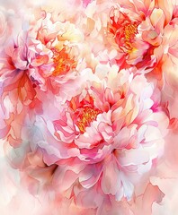 Soft Watercolor Pink and White Peonies in Full Bloom