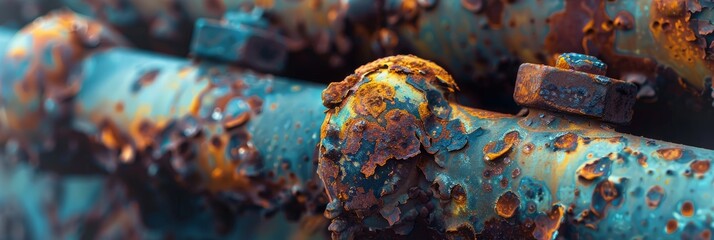 Detailed view showing corrosion and rust on a metal pipe, showcasing the process of decay and deterioration