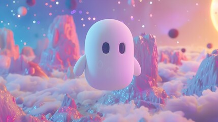 Charming Cartoon Anime Evil Floating in Dreamy Space Inspired Landscape with Pastel Shaded Palette and Minimalist Design