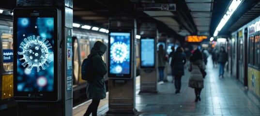 Fototapeta premium Public Service Announcement Poster Against Virus Misinformation at Subway Station for Health Awareness