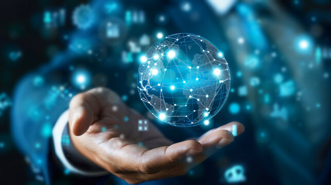 Holographic gobal network concept held by businessman