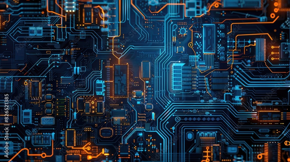 Poster digital circuit board pattern creating a tech-themed background.