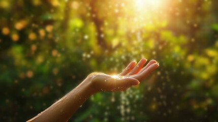 hand of woman catching raindrops at daylight