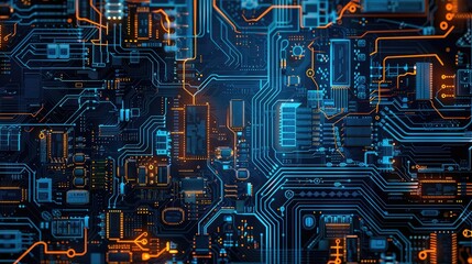 Digital circuit board pattern creating a tech-themed background.