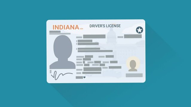 Animation of a hand presenting an Indiana driver's license in the middle of the screen on blue background with long shadow (flat design)