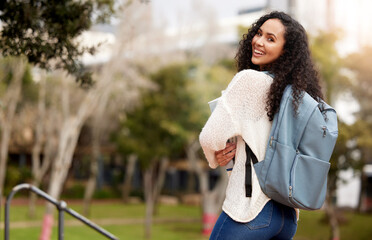 Backpack, education and portrait with student woman outdoor on college or university campus in...