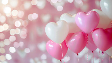 Heart shaped balloons with lights bokeh background. Glossy multicolored hearts in 3D design