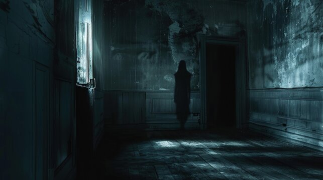 Poto of a ghost in an abandoned house, shadow in the darkness