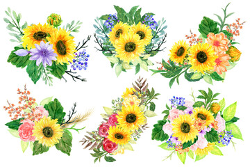 Spring template wreath bouquet  frame beautiful flower Rose, Sunflower, Meadow Field, Fruit Berries isolated on white