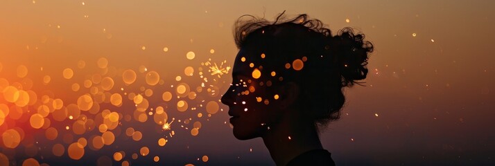 Woman with hair blowing in the wind against a bright sky and vibrant sparkler lights, creating a dynamic silhouette - Powered by Adobe
