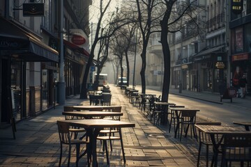 Fototapeta premium Quiet City Street During Lockdown with Empty Cafes and Closed Shops - Eerie Silence and Economic Impact of Virus Outbreak