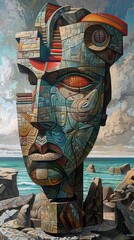 A large, abstract sculpture of a face is displayed on a rocky beach