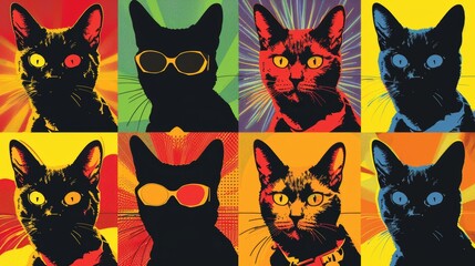 Pop Art Inspired Cat Superhero Poster - Vibrant and Bold Panels for Modern Decor or Graphic Design