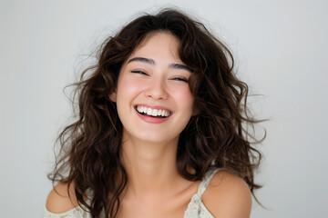 Laughing Young Woman with Wavy Hair in Casual Attire