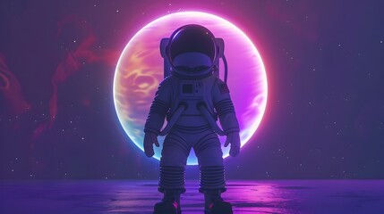 Naklejka premium Minimalist D Cartoon Astronaut Silhouetted Against Iridescent Planet