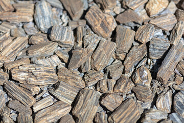 Close-Up of Wood Chips Texture and Pattern, Natural Brown Organic Mulch for Gardening and Landscaping, Daylight, Eco-Friendly Ground Cover Material