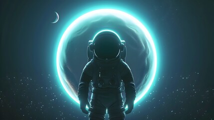 Fototapeta premium Minimalist Cartoon Astronaut Silhouetted Against Iridescent Planet