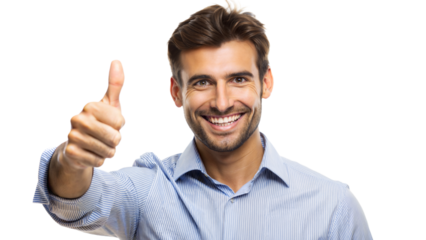Confident Man Thumbs Up – Close Portrait: A confident man with a thumbs up, isolated on a white background.
