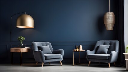 Living room interior design with an armchair against a blank, dark blue wall
