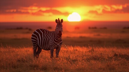 A zebra standing alone on a grassy plain at sunset . Generative Ai