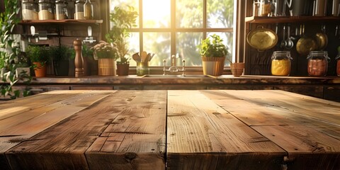 Rustic wooden table in a cozy homely kitchen with warm tones high detail and empty space for displaying products