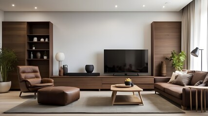 Fototapeta premium Simple white wall-mounted television with dark brown armchair and brown sofa on a cabinet in the living room.