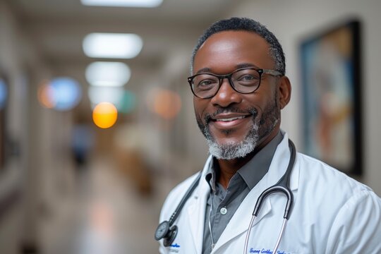 Chief physician exhibits confidence with crossed arms in new clinic environment