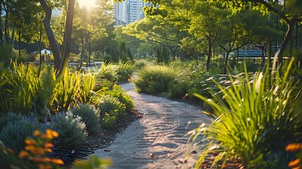 Vibrant Urban Park with Native Plants Promoting Environmental Conservation in Metropolitan Areas