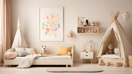 Poster mockups in a kid's room with blank cream walls as the backdrop.