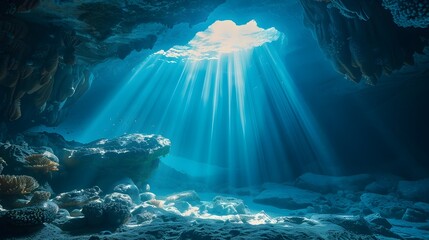 Obraz premium Dramatic Underwater Cave with Shimmering Sunbeams Revealing Hidden Oceanic Treasures
