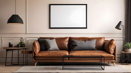 mockup poster frame in a contemporary home setting with a leather couch and other furnishings
