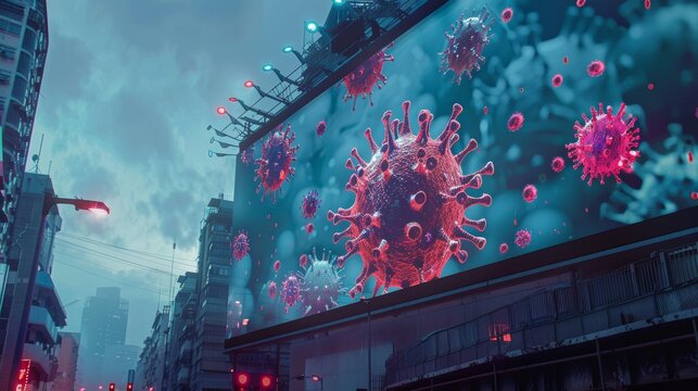 Digital Art of Virus Attacking Human Cells Displayed on Large Urban Billboard - Medical Awareness and Health Concept - Powered by Adobe