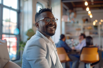 a Black executive radiating positivity and success within a contemporary startup environment.