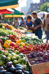 a bustling city farmers' market with colorful stalls and a variety of fresh produce