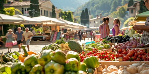 a bustling farmers' market in a picturesque town square with fresh produce and happy customers