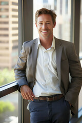 Fototapeta premium a Caucasian businessman radiating confidence and happiness in his portrait, aligned with his firm's vision of excellence and success.