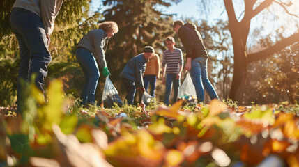 a community clean-up day with volunteers picking up litter in a scenic park