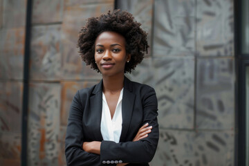 a confident and joyful Black businesswoman standing tall, radiating pride in her position.