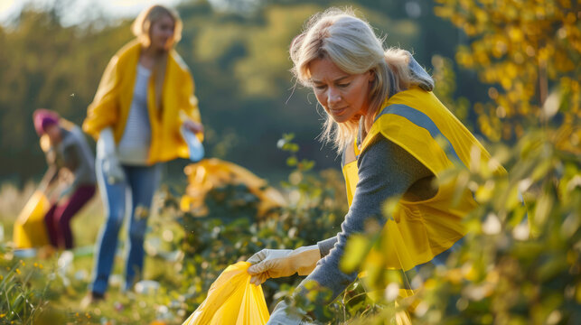 a community clean-up day with volunteers picking up litter in a scenic park