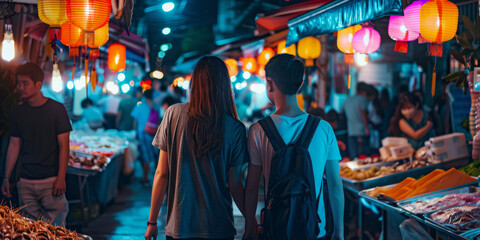 Naklejka premium a couple exploring a vibrant city market at night, with colorful lights and various street foods, capturing urban culture and nightlife.