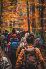 Obraz premium a diverse group of people hiking through a colorful autumn forest