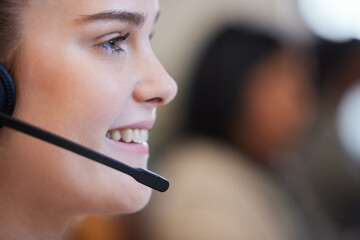 Female person, headphones and microphone with smile in contact as call center, agent or sales...