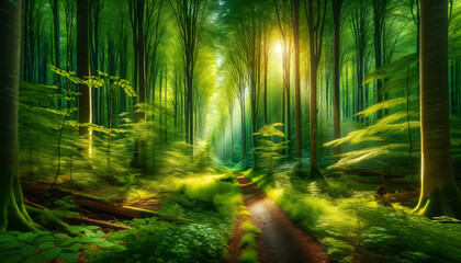 Serene Sunlit Forest Path: Tranquil Walkway Through Verdant Woods