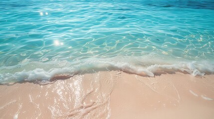 Closeup of a pristine beach with smooth sand, detailed texture and clear water, bright daylight, high resolution, perfect vacation spot, stock photography