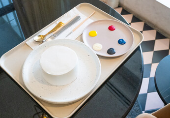 Paint Palette Cake with paints and brushes,child's wood Painting Palette  with multiple colors,Photo of a wooden artists palette